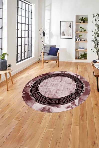 Napoli Home Çerçeveli Modern Klasik Baskılı Yıkanabilir Kaymaz Taban Yuvarlak Salon Halısı ürün görseli 1