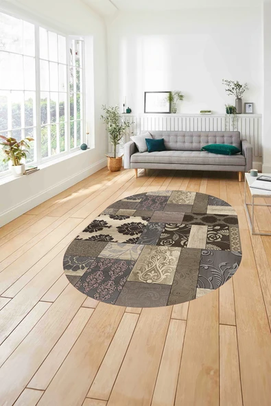 Napoli Home Baskılı Patchwork Çiçek Motifli Yıkanabilir Kaymaz Oval Yolluk Mutfak Salon Halısı ürün görseli 1