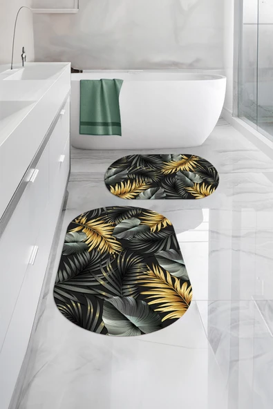 Napoli Home Dijital Yıkanabilir Yaprak Desenli Oval Banyo Paspası Klozet Takımı ürün görseli 1