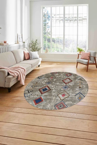 Napoli Home Dijital İskandinav Etnik Model Yıkanabilir Kaymaz Yuvarlak Mutfak Salon Halısı ürün görseli 1