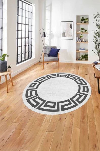 Napoli Home Çerçeveli Geometrik Kenar Detay Yıkanabilir Kaymaz Taban Yuvarlak Salon Halısı ürün görseli 1