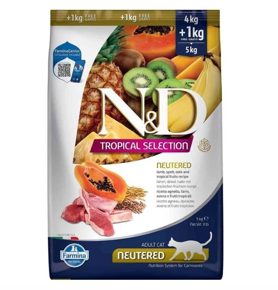 N&D Tropical Selection Sterilised Kuzu Etli Kısırlaştırılmış Kedi Maması 4+1 Kg ürün görseli 1
