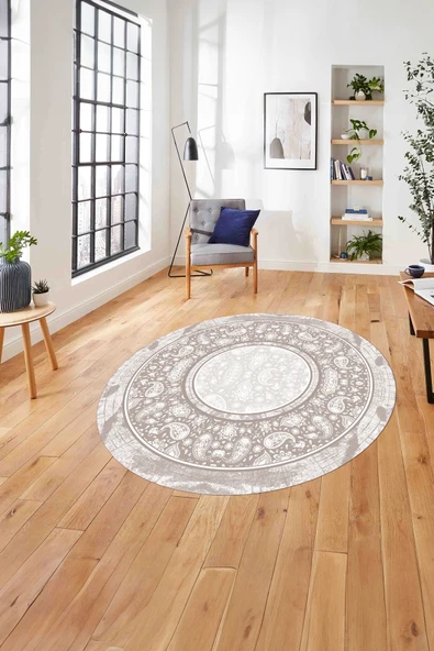 Napoli Home Çerçeveli Desen Motifli Yıkanabilir Kaymaz Taban Yuvarlak Salon Halısı ürün görseli 1