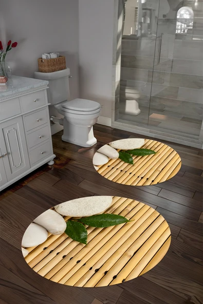 Napoli Home Baskılı Yıkanabilir Kaymaz Taban Taş Desenli Yuvarlak Banyo Paspası Klozet Takımı ürün görseli 1