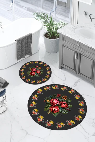 Napoli Home Dijital Yıkanabilir Çerçeveli Çiçek Desen Yuvarlak Banyo Paspası Klozet Takımı ürün görseli 1