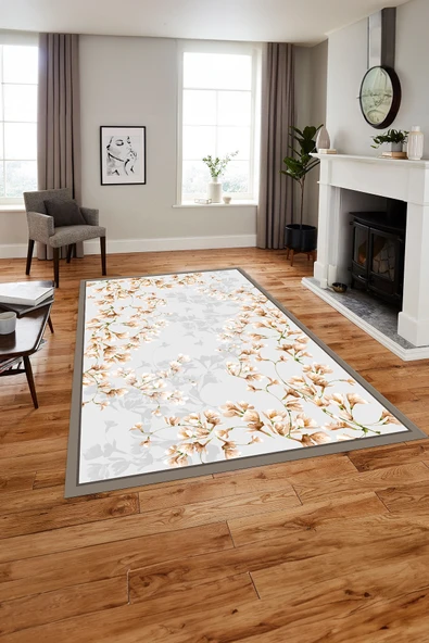 Napoli Home Baskılı Modern Çerçeveli Çiçek Desen Yıkanabilir Kaymaz Taban Yolluk Mutfak Salon Halısı ürün görseli 1