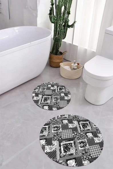 Napoli Home Dijital Yıkanabilir Klasik Çiçek Desenli Yuvarlak Banyo Paspası Klozet Takımı ürün görseli 1