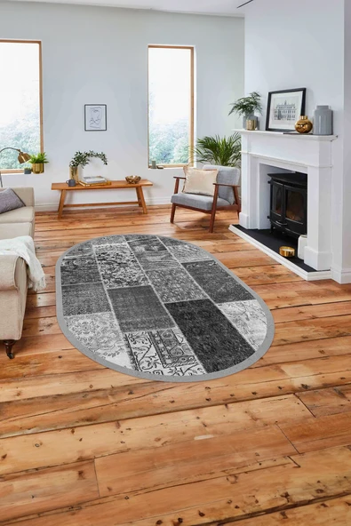 Napoli Home Baskılı Patchwork Otantik Model Yıkanabilir Kaymaz Oval Yolluk Mutfak Salon Halısı ürün görseli 1