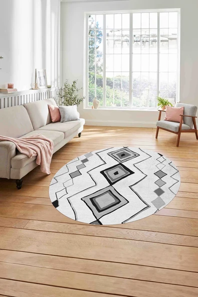 Napoli Home Baskılı İskandinav Kilim Görünüm Yıkanabilir Kaymaz Yuvarlak Mutfak Salon Halısı ürün görseli 1