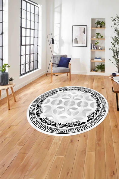 Napoli Home Çerçeveli Geleneksel Desen Yıkanabilir Kaymaz Taban Yuvarlak Salon Halısı ürün görseli 1