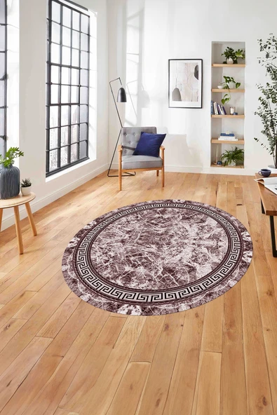 Napoli Home Çerçeveli Mermer Desen Baskılı Yıkanabilir Kaymaz Taban Yuvarlak Salon Halısı ürün görseli 1