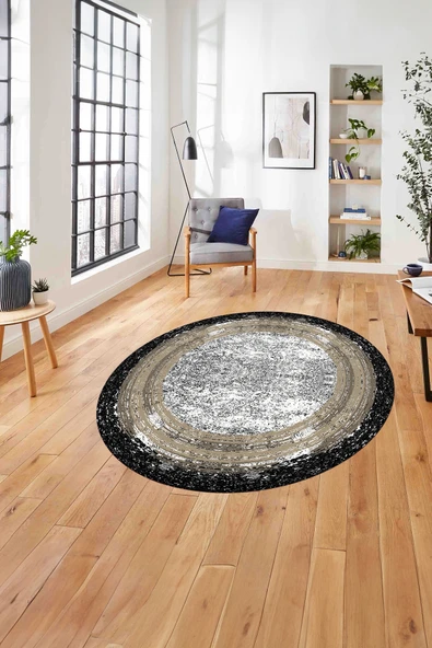 Napoli Home Çerçeveli Klasik Modern Yıkanabilir Kaymaz Taban Yuvarlak Salon Halısı ürün görseli 1