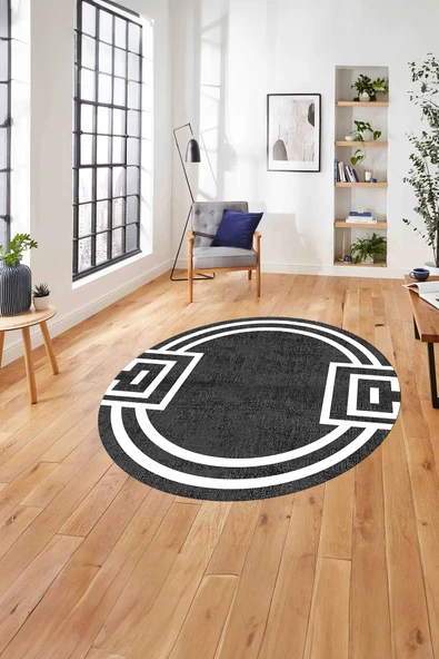 Napoli Home Çerçeveli Geometrik Desenli Yıkanabilir Kaymaz Taban Yuvarlak Salon Halısı ürün görseli 1