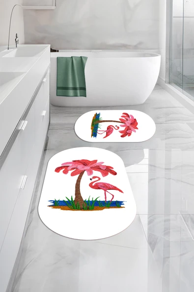 Napoli Home Dijital Yıkanabilir Sade Flamingo Desenli Oval Banyo Paspası Klozet Takımı ürün görseli 1