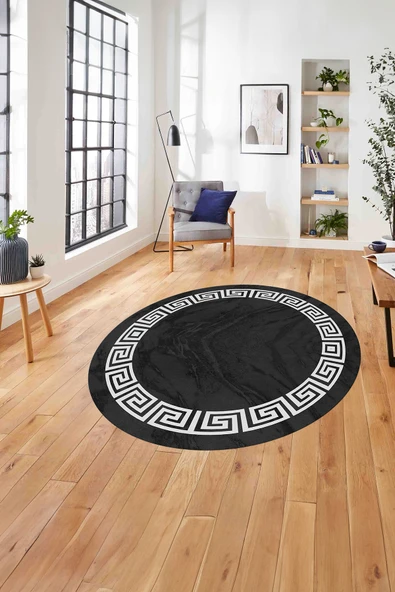 Napoli Home Çerçeveli Vektörel Çizgili Yıkanabilir Kaymaz Taban Yuvarlak Salon Halısı ürün görseli 1