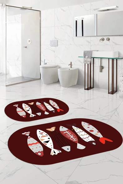 Napoli Home Dijital Yıkanabilir Renkli Balık Desenli Oval Banyo Paspası Klozet Takımı ürün görseli 1