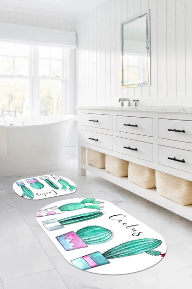 Napoli Home Dijital Baskılı Yıkanabilir Kaymaz Taban Kaktüs Model Oval Banyo Paspası Klozet Takımı ürün görseli 1