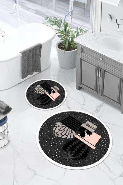 Napoli Home Dijital Yıkanabilir Modern Kaktüs Modelli Yuvarlak Banyo Paspası Klozet Takımı ürün görseli 1