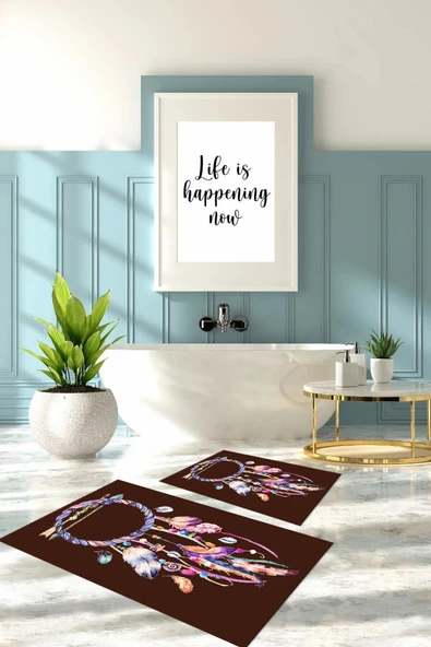 Napoli Home Dijital Baskılı Yıkanabilir Kaymaz Taban Kuş Tüyü Desenli Banyo Paspası Klozet Takımı ürün görseli 1