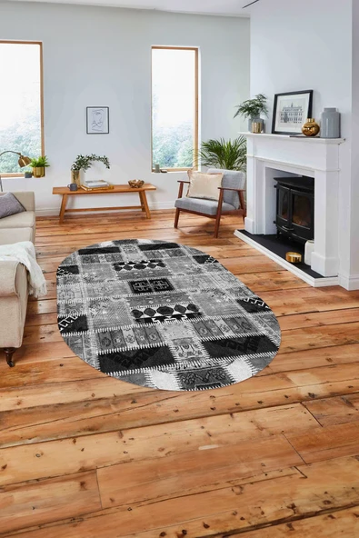 Napoli Home Baskılı Patchwork Etnik Model Yıkanabilir Kaymaz Oval Yolluk Mutfak Salon Halısı ürün görseli 1