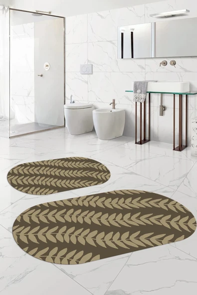Napoli Home Dijital Baskılı Yıkanabilir Kaymaz Taban Yaprak Desenli Oval Banyo Paspası Klozet Takımı ürün görseli 1