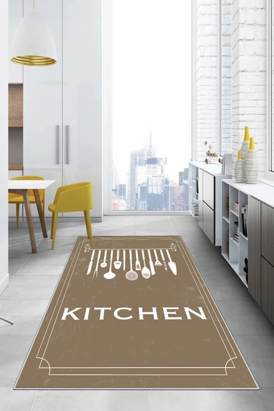 Napoli Home Baskılı Çatal Bıçak Desenli Kitchen Yazılı Yıkanabilir Kaymaz Taban Salon Mutfak Halısı ürün görseli 1