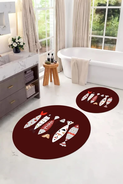 Napoli Home Dijital Yıkanabilir Renkli Balık Desenli Yuvarlak Banyo Paspası Klozet Takımı ürün görseli 1