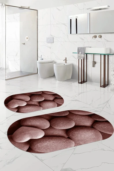 Napoli Home Dijital Baskılı Yıkanabilir Kaymaz Taban Taş Modelli Oval Banyo Paspası Klozet Takımı ürün görseli 1