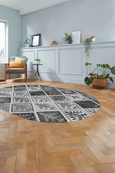 Napoli Home Baskılı Patchwork Etnik Modern Yıkanabilir Kaymaz Oval Yolluk Mutfak Salon Halısı ürün görseli 1