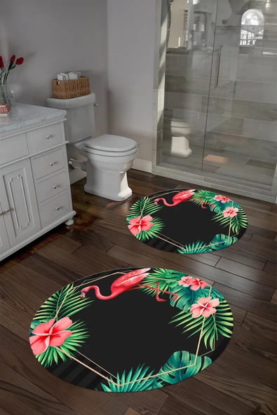 Napoli Home Dijital Yıkanabilir Renkli Flamingo Desen Yuvarlak Banyo Paspası Klozet Takımı ürün görseli 1