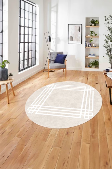 Napoli Home Çerçeveli Geometrik Motifli Yıkanabilir Kaymaz Taban Yuvarlak Salon Halısı ürün görseli 1