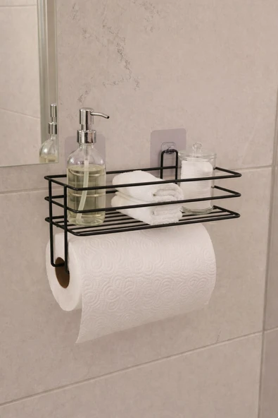 Yapışkanlı Raflı Kağıt Rulo Havluluk Peçetelik Havlu Kağıtlık Siyah Banyo Mutfak Düzenleyici Raf SHR-01 ürün görseli 1