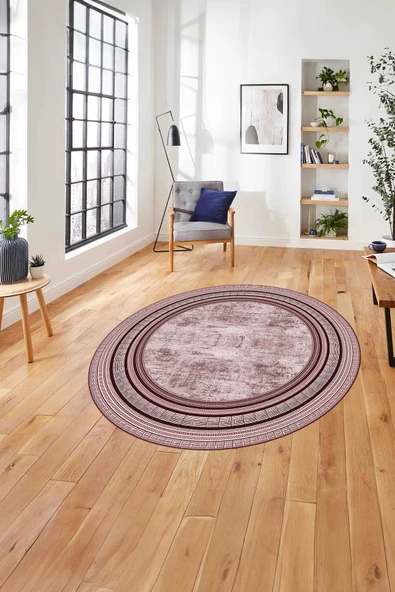 Napoli Home Çerçeveli Kenar Geometrik Model Yıkanabilir Kaymaz Taban Yuvarlak Salon Halısı ürün görseli 1