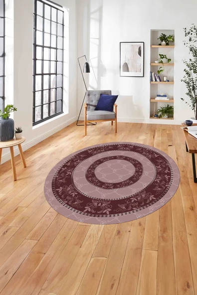 Napoli Home Çerçeveli Çiçek Motifli Yıkanabilir Kaymaz Taban Yuvarlak Salon Halısı ürün görseli 1