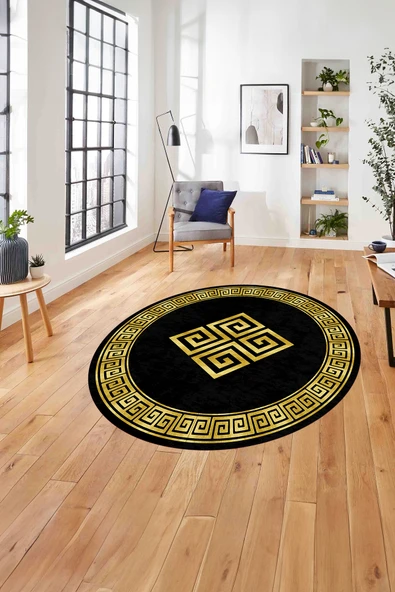 Napoli Home Çerçeveli Vektörel Desenli Yıkanabilir Kaymaz Taban Yuvarlak Salon Halısı ürün görseli 1