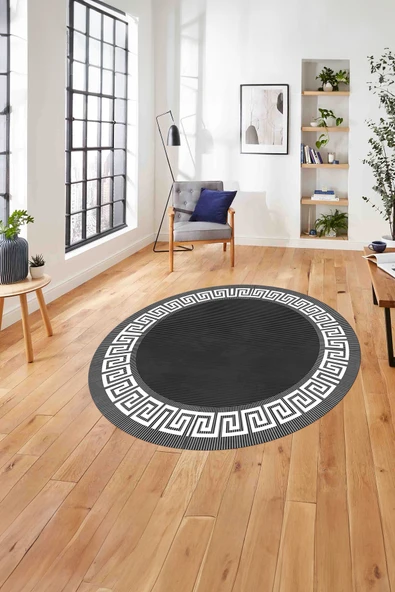 Napoli Home Çerçeveli Çizgi Detaylı Modern Yıkanabilir Kaymaz Taban Yuvarlak Salon Halısı ürün görseli 1
