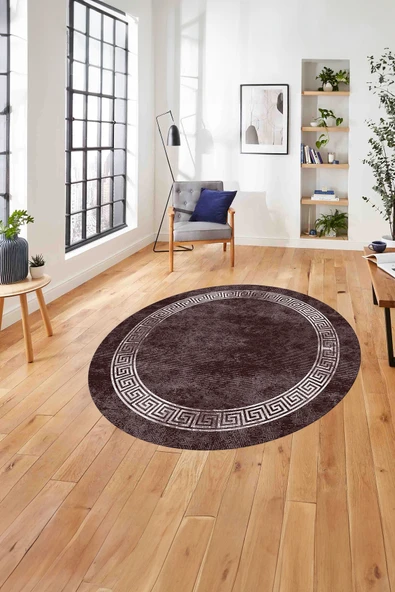 Napoli Home Çerçeveli Modern Baskılı Yıkanabilir Kaymaz Taban Yuvarlak Salon Halısı ürün görseli 1