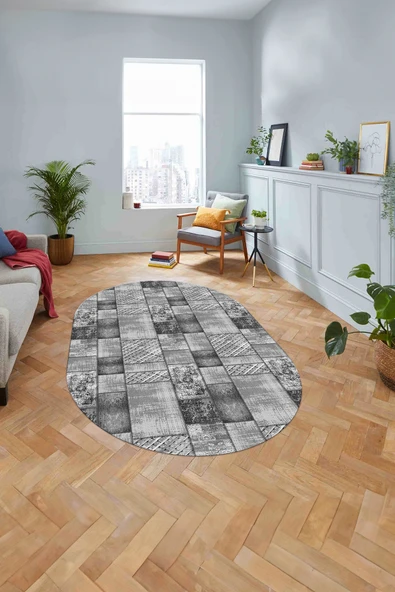Napoli Home Baskılı Patchwork Klasik Desen Yıkanabilir Kaymaz Oval Yolluk Mutfak Salon Halısı ürün görseli 1