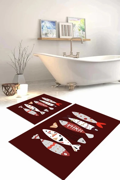 Napoli Home Dijital Baskılı Yıkanabilir Renkli Balık Desenli Banyo Paspası Klozet Takımı ürün görseli 1