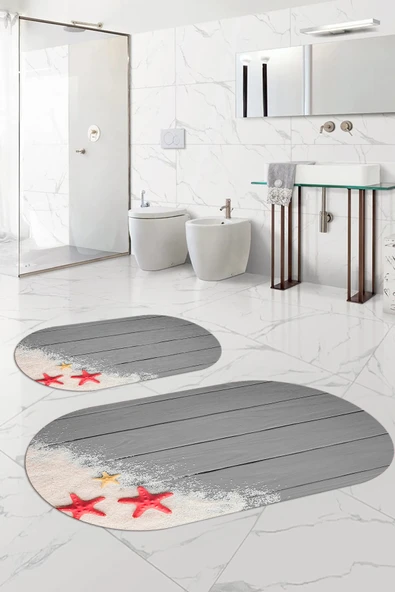 Napoli Home Dijital Yıkanabilir Modern Deniz Yıldızı Oval Banyo Paspası Klozet Takımı ürün görseli 1