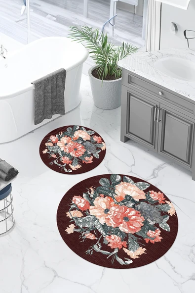 Napoli Home Baskılı Yıkanabilir Kaymaz Taban Çiçek Detaylı Yuvarlak Banyo Paspası Klozet Takımı ürün görseli 1