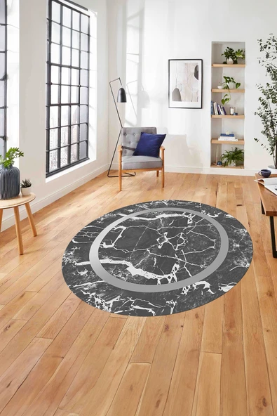 Napoli Home Çerçeveli Mermer Deseneli Yıkanabilir Kaymaz Taban Yuvarlak Salon Halısı ürün görseli 1