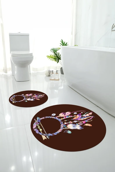 Napoli Home Dijital Yıkanabilir Kaymaz Taban Kuş Tüyü Desenli Yuvarlak Banyo Paspası Klozet Takımı ürün görseli 1