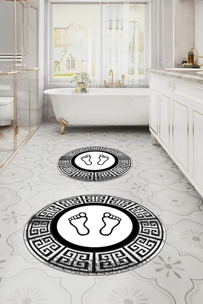 Napoli Home Dijital Yıkanabilir Çerçeveli Ayak Baskılı Yuvarlak Banyo Paspası Klozet Takımı ürün görseli 1