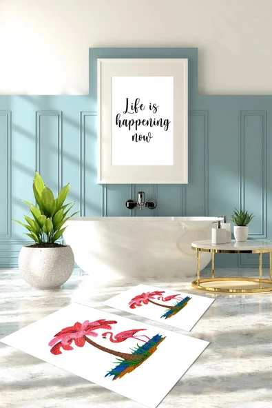 Napoli Home Dijital Baskılı Yıkanabilir Sade Flamingo Desenli Banyo Paspası Klozet Takımı ürün görseli 1