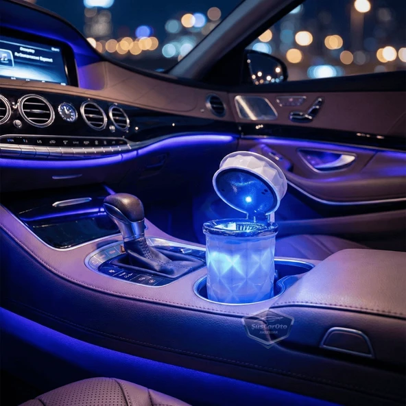 Üniversal Kristal Pırlanta Taş Görünümlü Mavi Led Işıklı Lüx Oto Küllük Kapaklı Spor Araç İçi Küllük Araba Küllüğü Beyaz ürün görseli 1