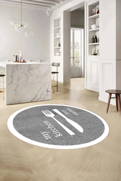 Napoli Home Baskılı Çatal Bıçak Motifli Yıkanabilir Kaymaz Taban Yuvarlak Salon Mutfak Halısı ürün görseli 1