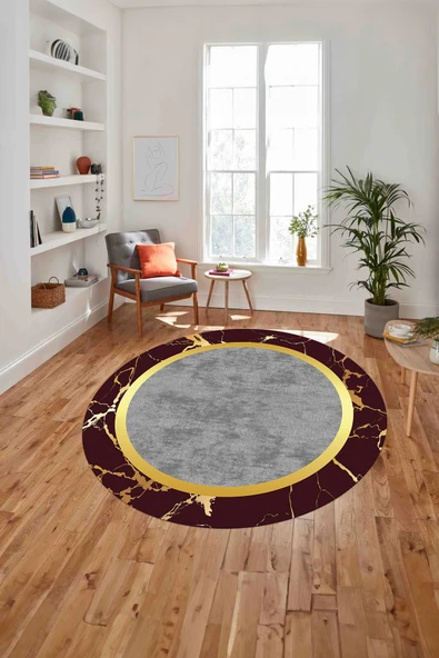 Napoli Home Baskılı Mermer Çerçeveli Modern Kaymaz Taban Yıkanabilir Yuvarlak Mutfak Salon Halısı ürün görseli 1