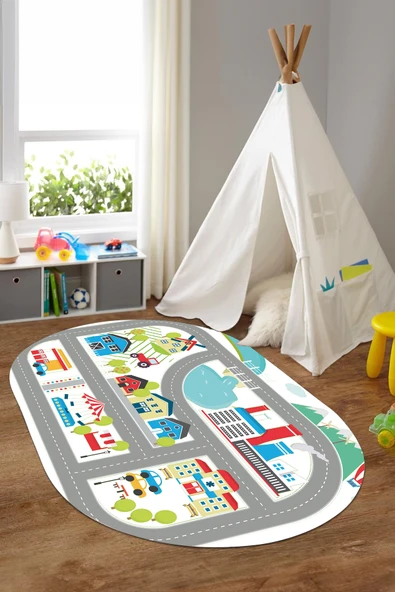 Napoli Home Dijital Baskılı Yol Desenli Yıkanabilir Kaymaz Taban Oval Çocuk Odası Halısı ürün görseli 1
