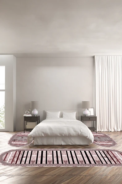 Napoli Home Baskılı Kaymaz Taban Yıkanabilir Modern Çizgili Çerçeveli Oval Üçlü Yatak Odası ürün görseli 1